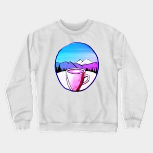 Watercolor Coffee And Mountains Pink, Retro Drink Coffee Outdoors, Cool hiker gift Crewneck Sweatshirt